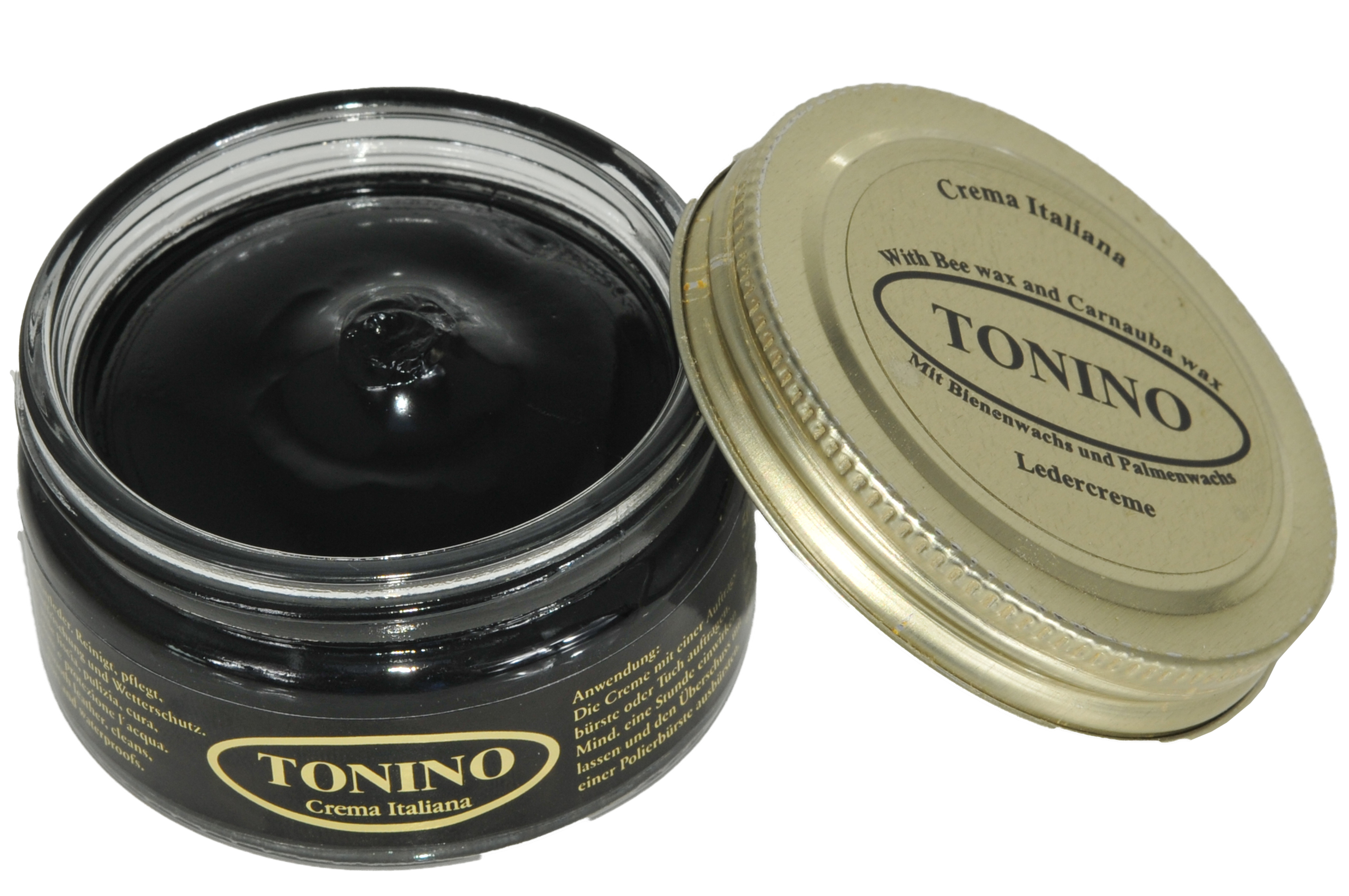 Black Tonino leather cream in the glass. Care + protection.