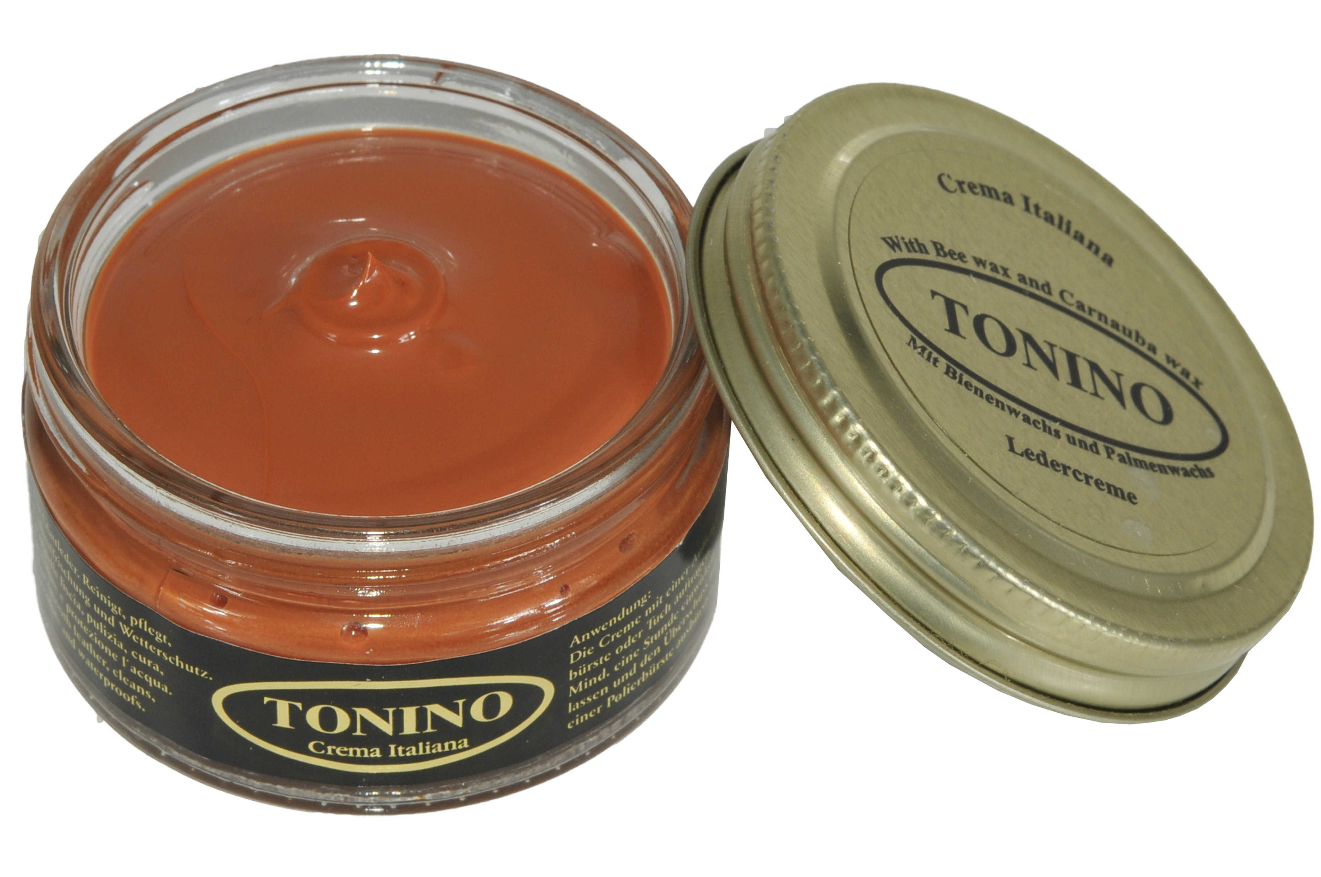Light Brown Tonino leather cream in the glass. Care + protection.