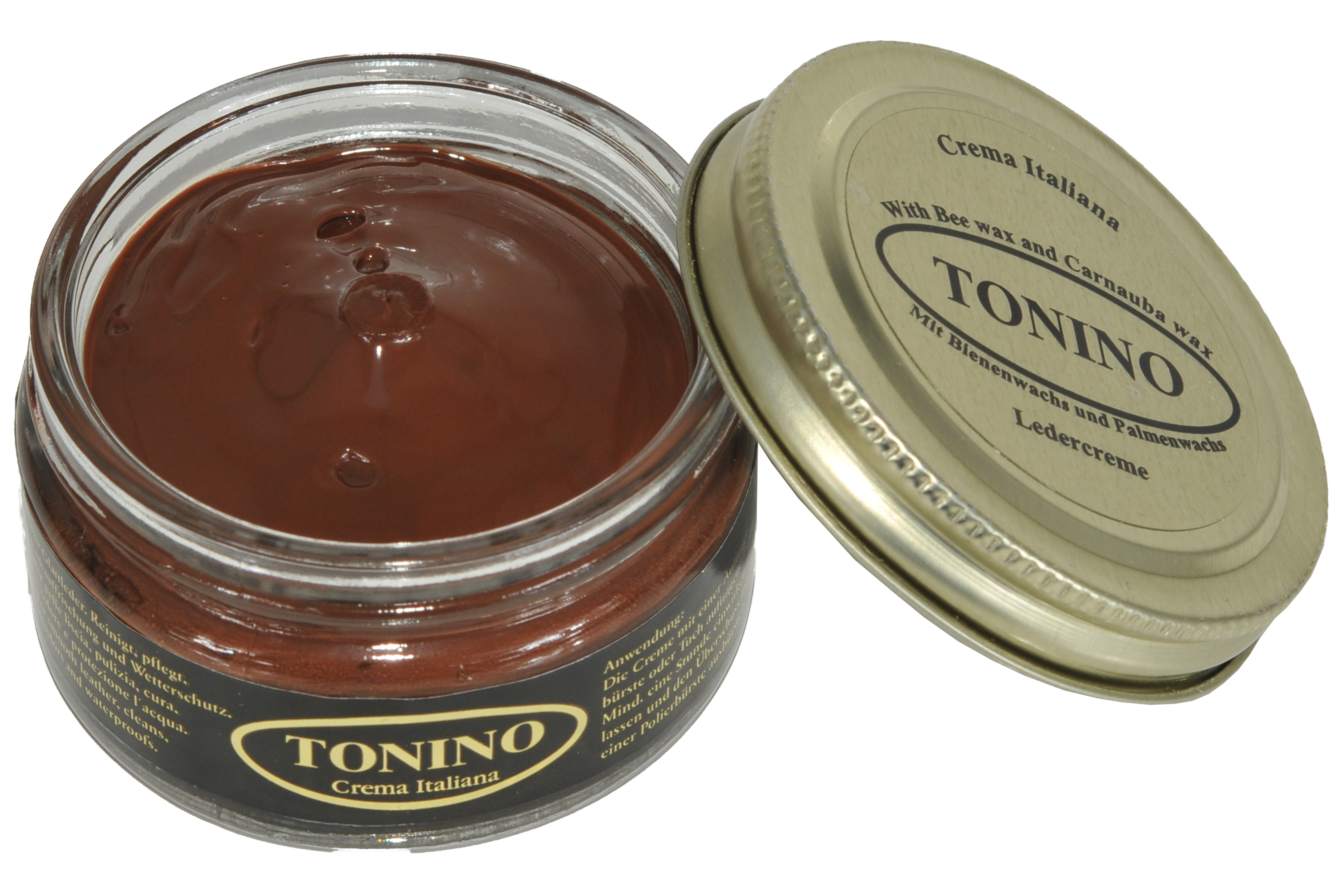 Medium brown Tonino leather cream in the glass. Care + protection.